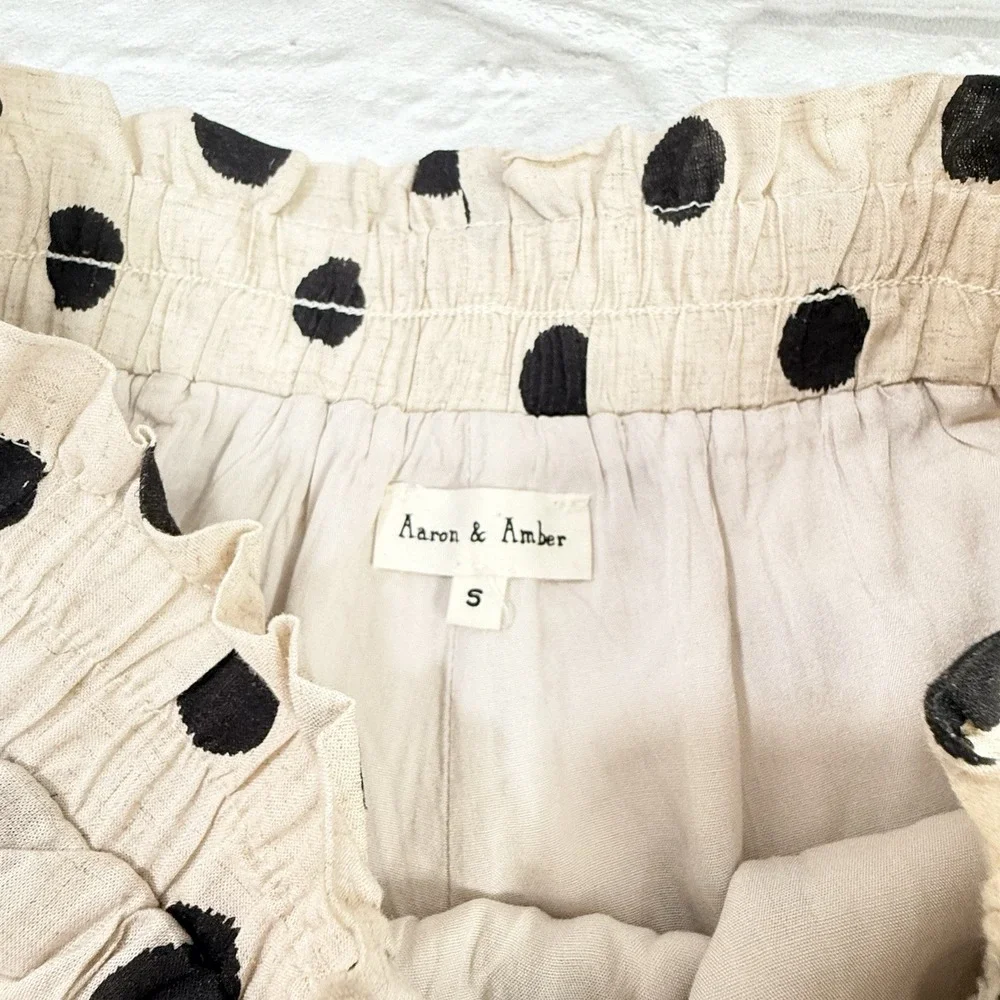 Aaron & Amber Linen Blend Shorts Khaki Black Polkadot Scalloped Hem Flowy Boho S